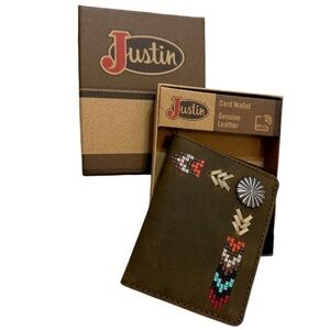 New Justin Boots Genuine Leather Card Wallet Tribal Western Colorful Embroidery